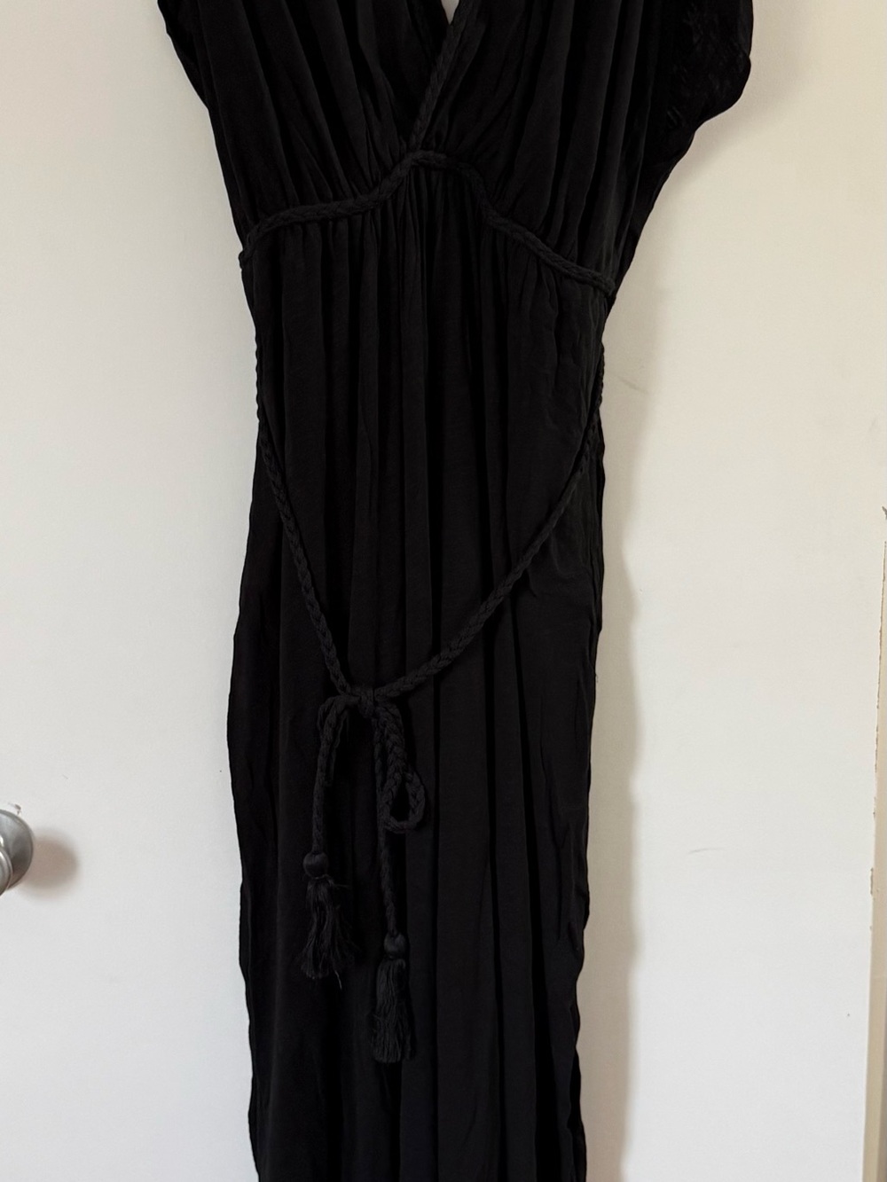 Black Women's V-Neck Maxi Dress with Braided Waist Tie